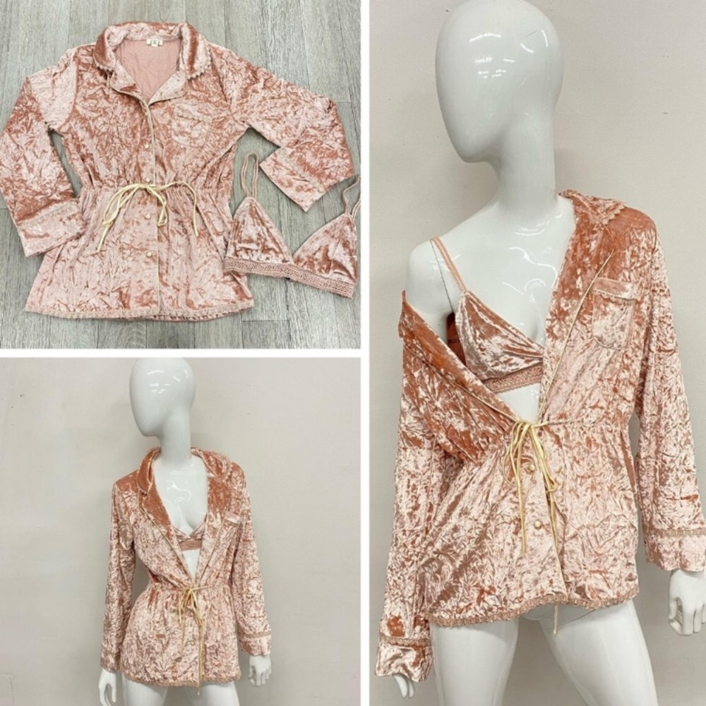 New POL Blush Baby Pink Crushed Velvet Oversized Smoking Jacket & Bralette